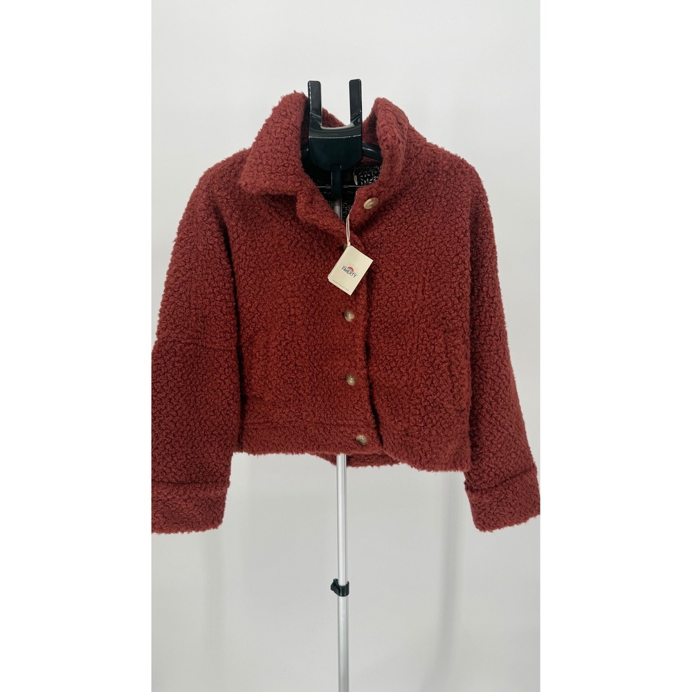 Faherty Timber Ridge‎ Sherpa Fleece Jacket Henna Red Cropped Size L NWT $298